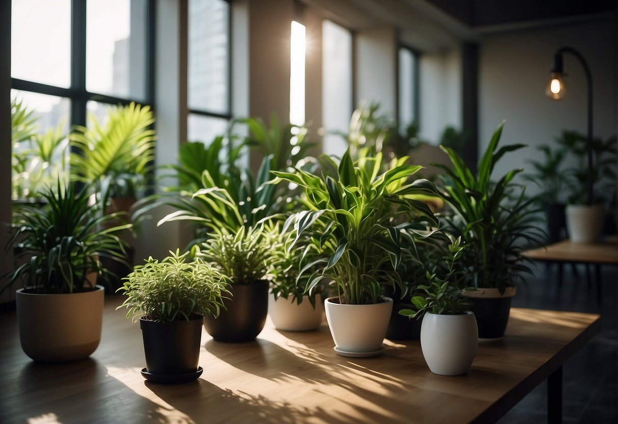 Lush indoor plants adorn a modern urban living space, bringing a sense of calm and tranquility. Sunlight filters through the leaves, casting natural shadows and creating a peaceful atmosphere