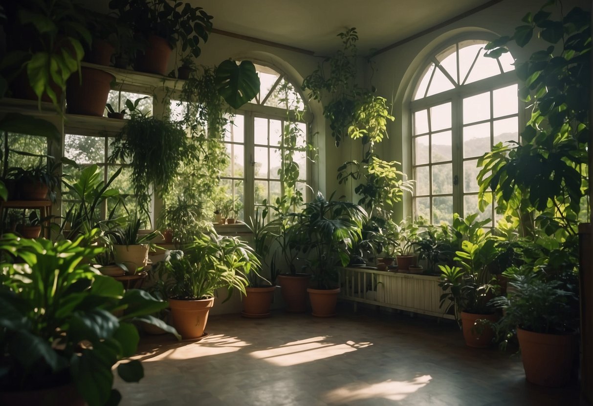 A room filled with lush green plants, sunlight streaming through the windows, creating a calming and rejuvenating atmosphere