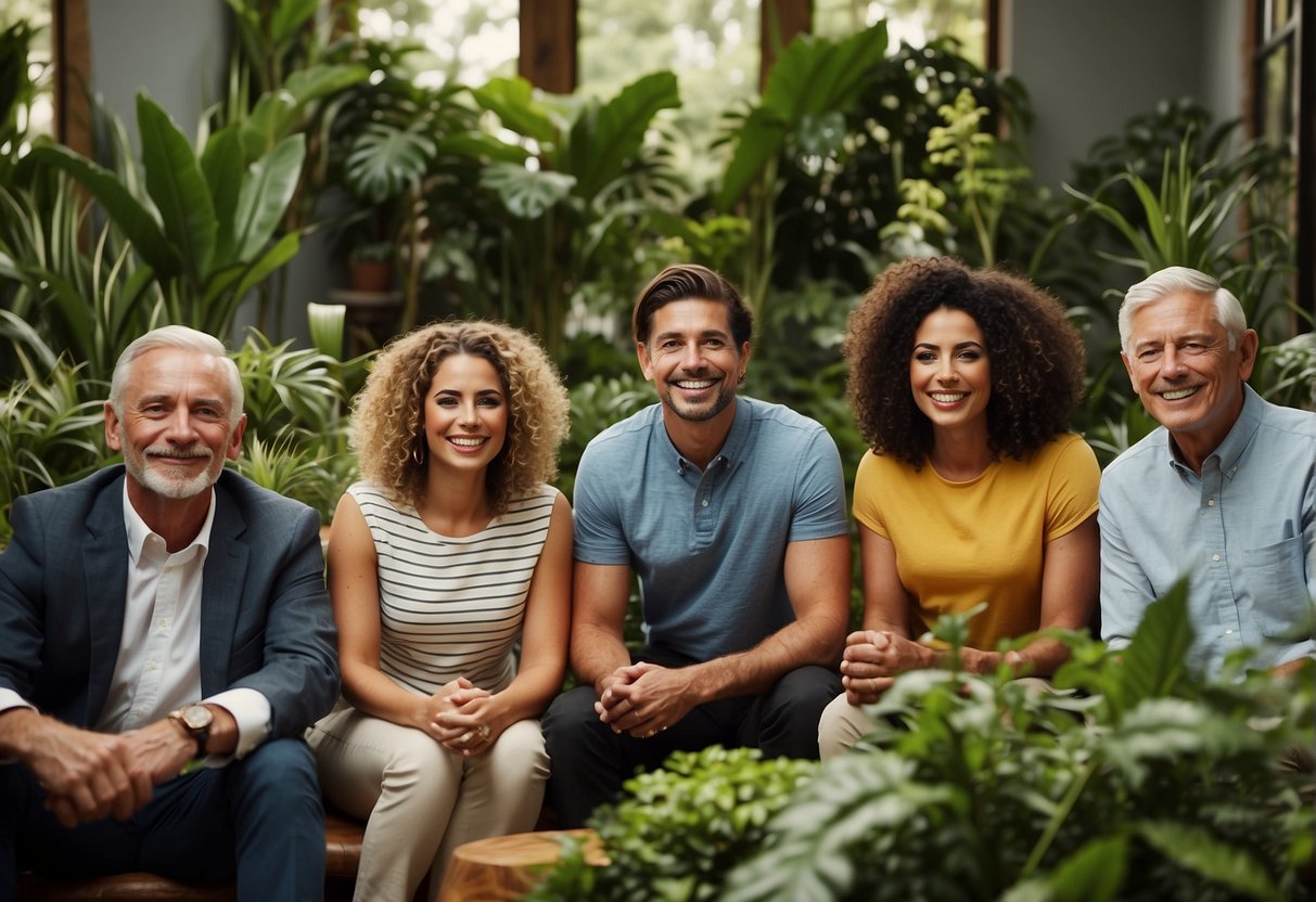 A diverse group of people of different ages and backgrounds are surrounded by lush indoor greenery, smiling and engaging in positive interactions, creating a sense of calm and well-being