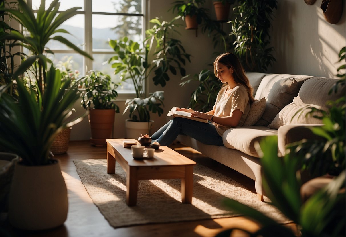 A cozy living room with lush indoor plants, sunlight streaming in, and a person peacefully reading or meditating