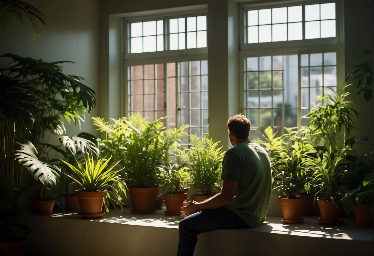 Lush green plants thrive in a sunlit room, casting shadows on the walls. A person sits peacefully, surrounded by the calming presence of nature indoors