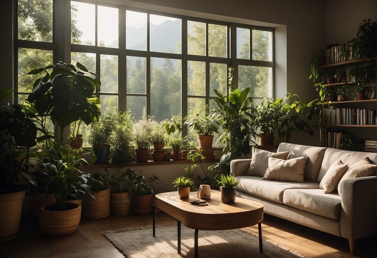 A cozy living room with lush green plants on shelves and tables, sunlight streaming in through the window, creating a peaceful and calming atmosphere