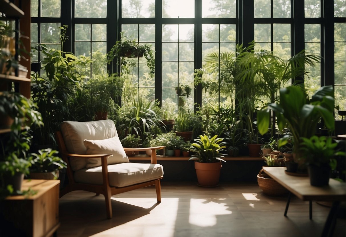 A cozy living room with lush green plants on shelves and tables, casting shadows in the soft light. A person sits on a comfortable chair, surrounded by the calming presence of nature indoors