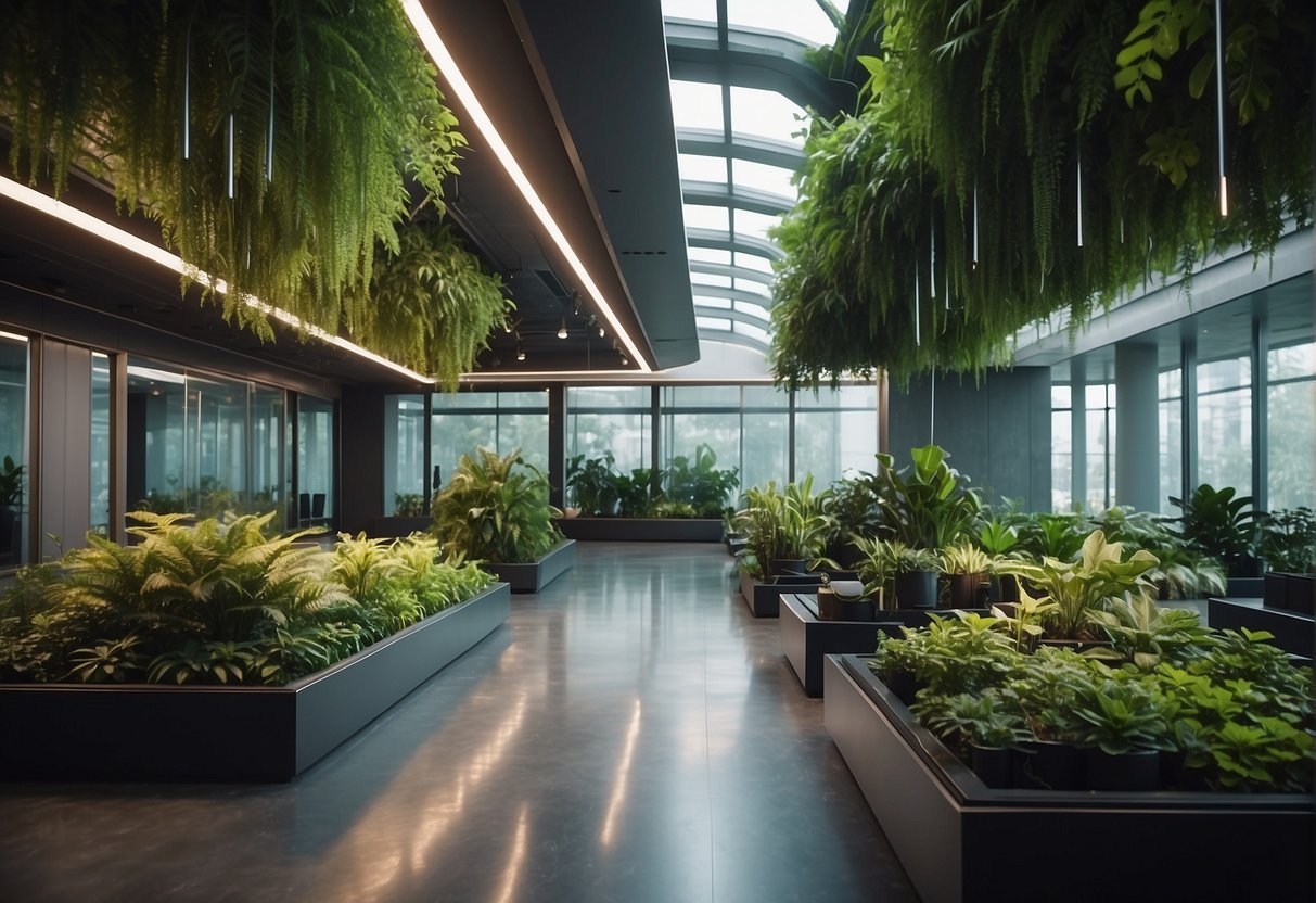 A futuristic indoor space with lush green plants hanging from the ceiling and lining the walls, creating a calming and peaceful environment