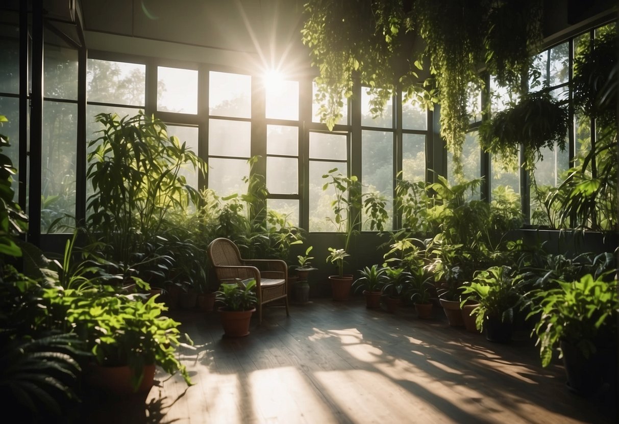 A room filled with lush green plants, casting a calming and serene atmosphere. Sunlight filters through the leaves, creating a peaceful and rejuvenating environment