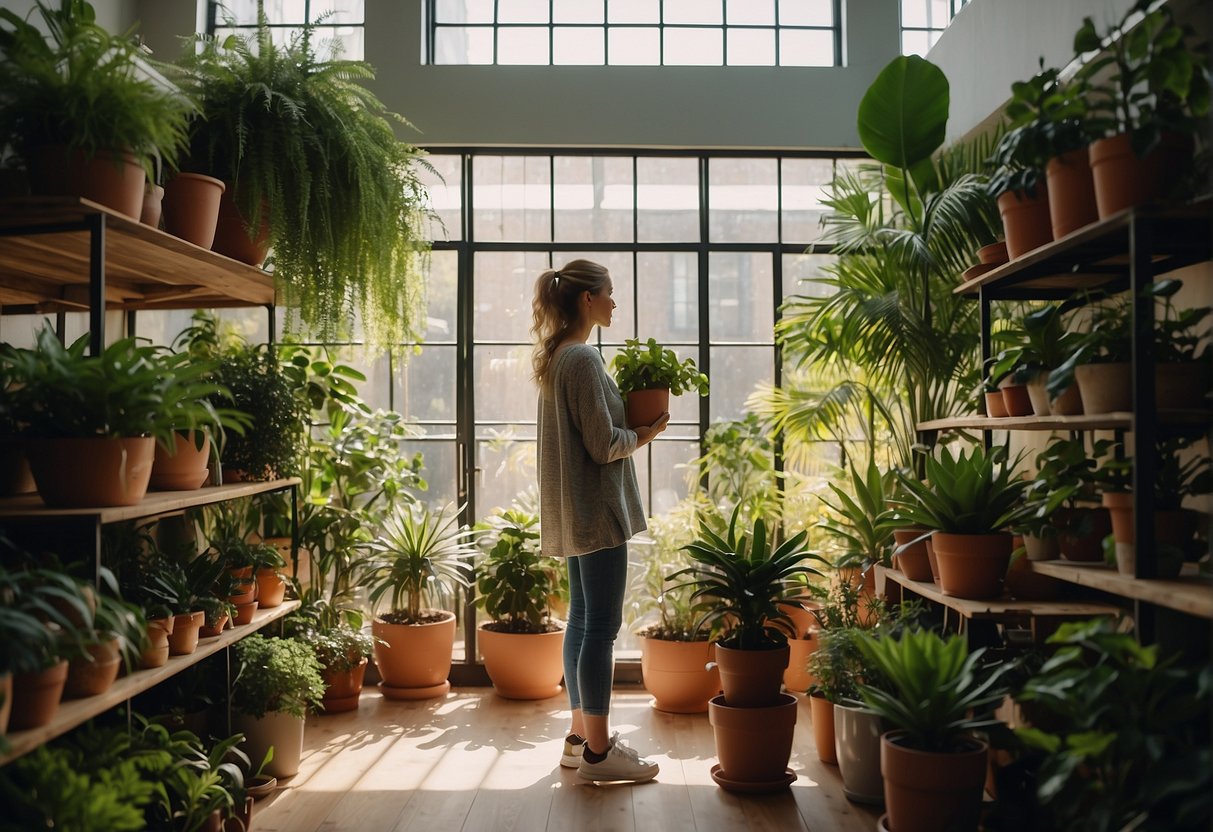 A person carefully choosing indoor plants, surrounded by various potted plants and decorative planters, with natural light streaming in through the windows