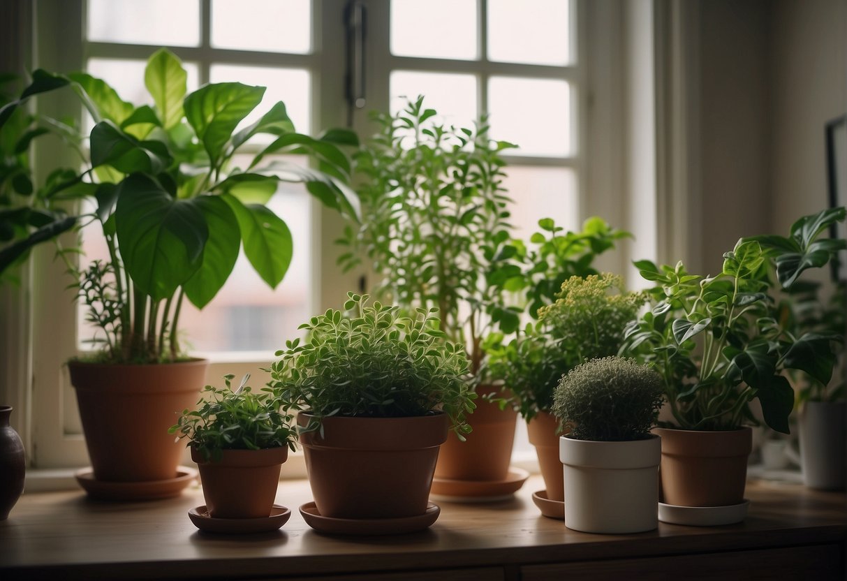 Lush green plants adorn various rooms, adding color and life to the interior decor. A living room features a tall, leafy plant in a decorative pot, while a kitchen windowsill boasts a collection of small potted herbs