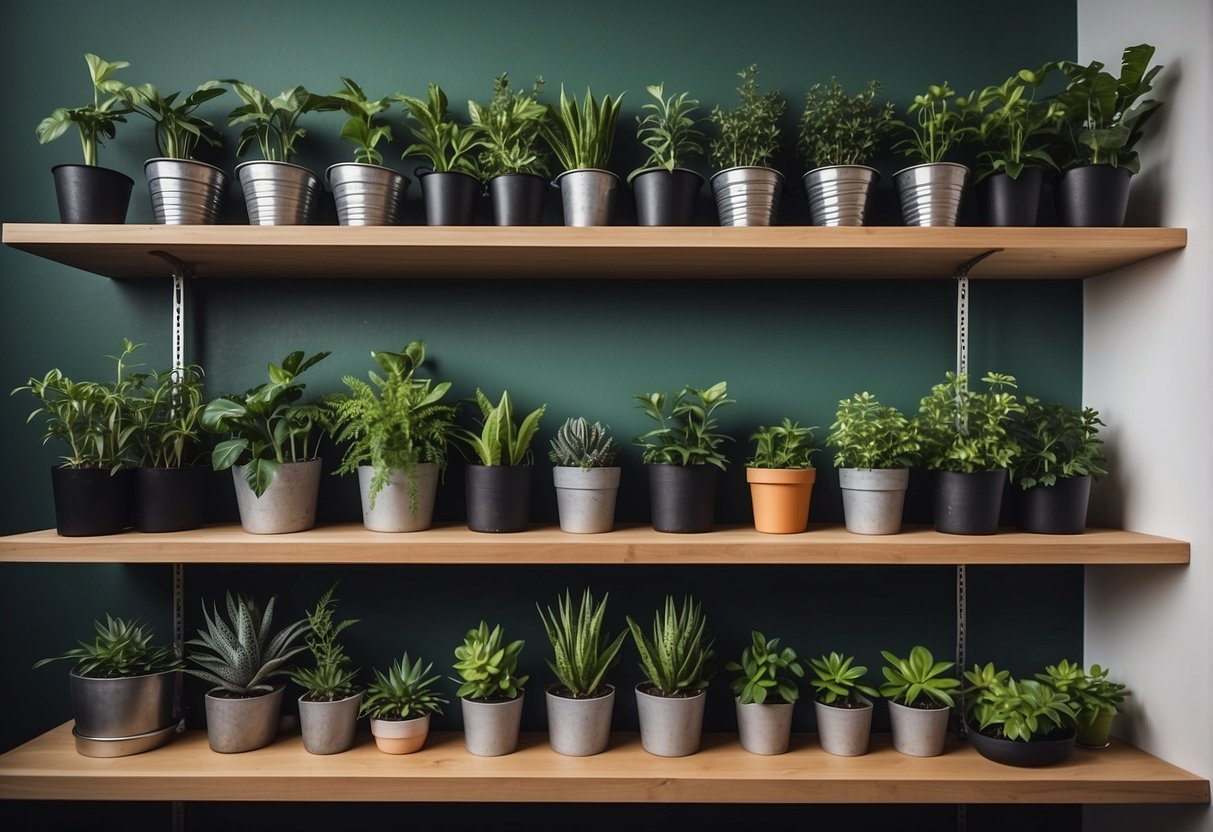Lush green plants sit on shelves and tables, adding life and vibrancy to a well-lit room. Watering cans and pruning shears are neatly organized nearby