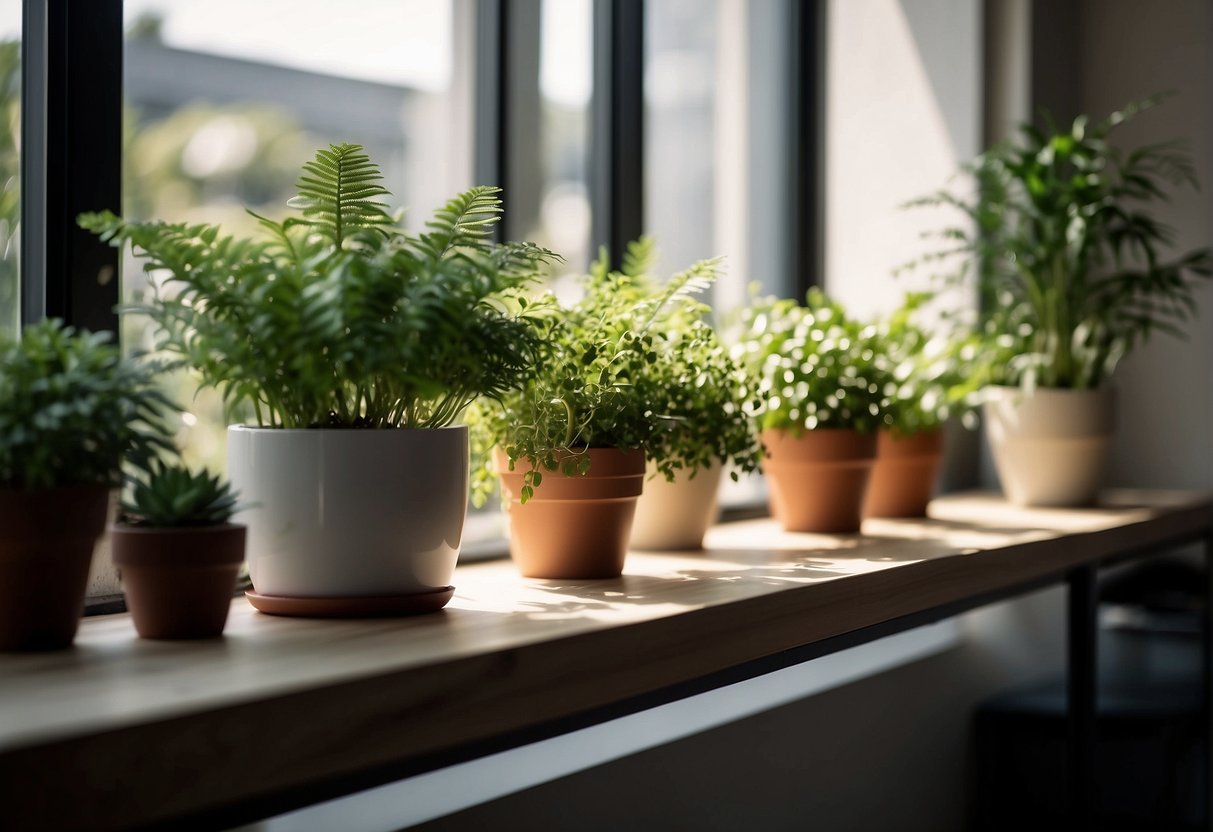 Lush green plants fill a sunlit living room, adding life and color to the space. They are strategically placed on shelves and tables, creating a natural and calming atmosphere