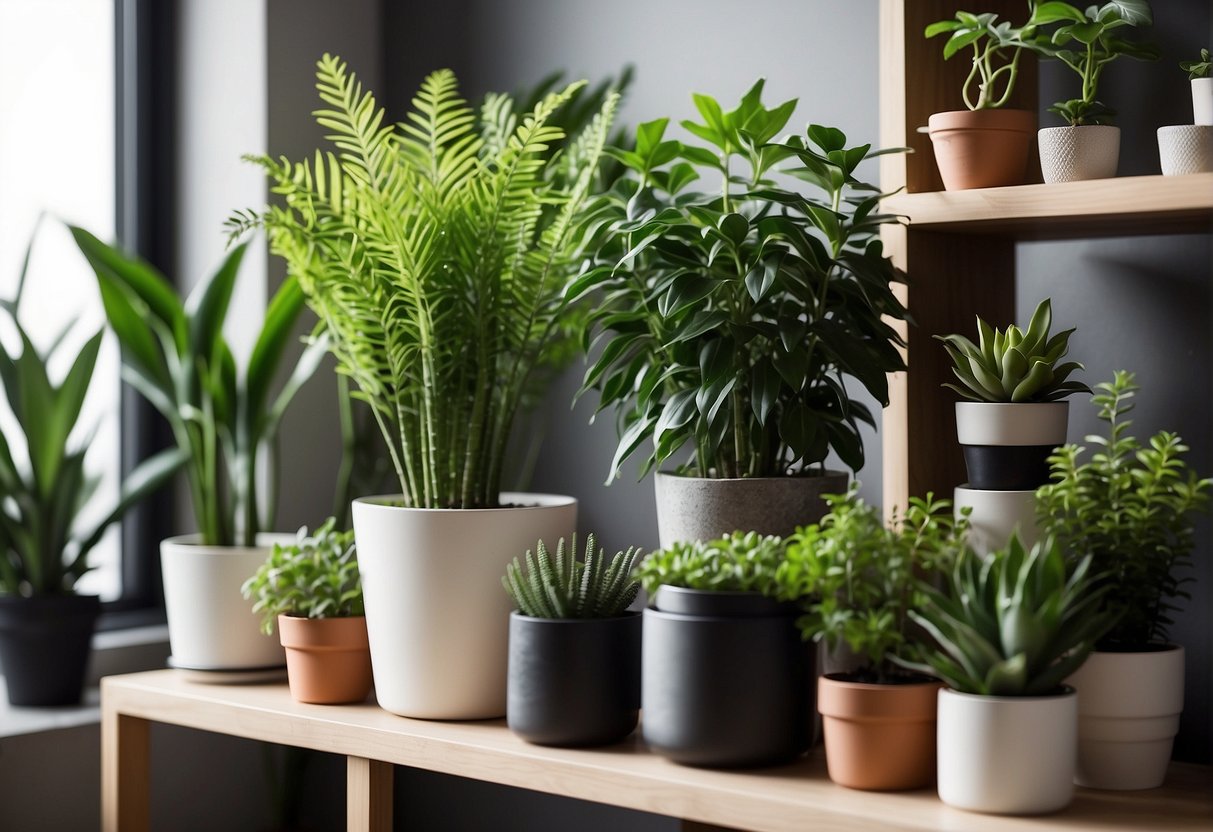 Lush green plants adorn a modern living space, bringing life and vibrancy to the room. A variety of potted plants are strategically placed on shelves and tables, adding a touch of nature to the home decor