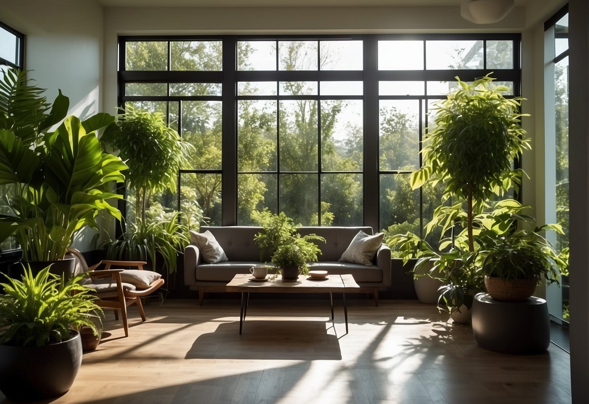 Lush green plants adorn a modern living space, adding warmth and tranquility. Sunlight streams through the windows, highlighting the vibrant foliage