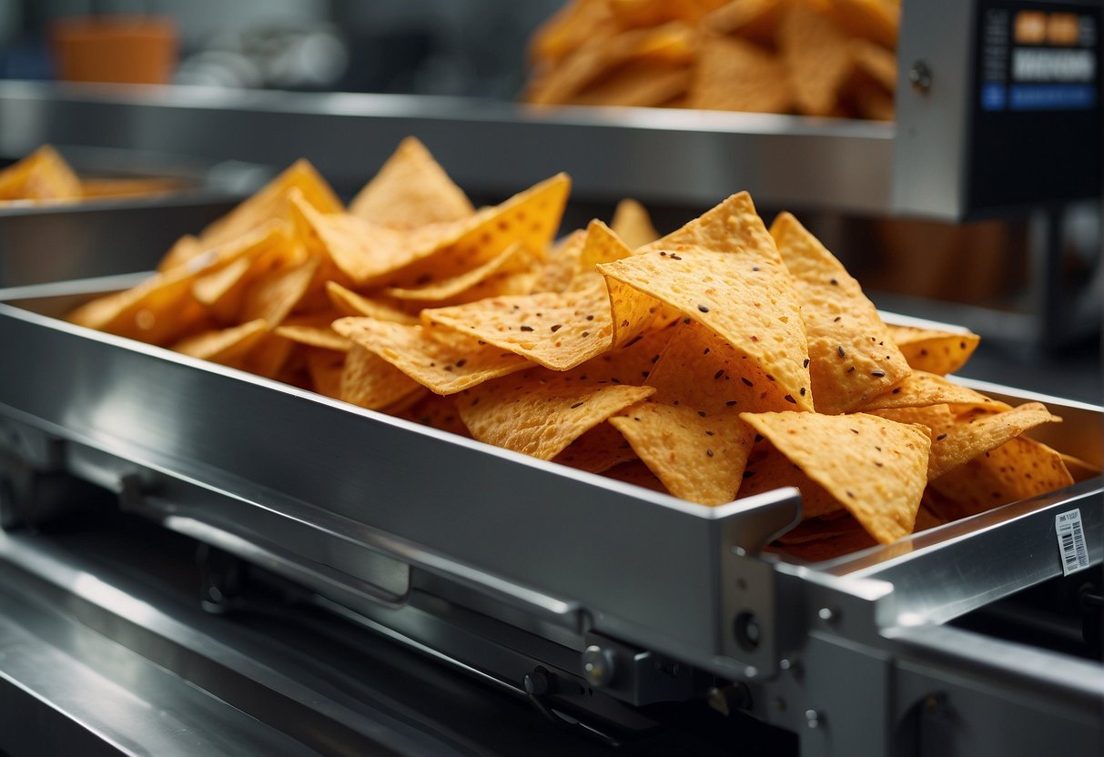 Machinery producing Doritos with visible ethical sourcing labels