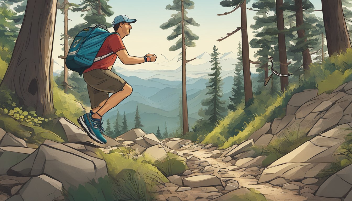 A disc golfer wearing New Balance Men's 481 V3 Trail Running Shoes confidently navigates rugged terrain, effortlessly maneuvering through trees and rocky paths while maintaining stability and grip