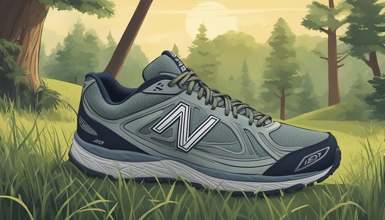 A pair of New Balance Men's 481 V3 Trail Running Shoes sits on the ground next to a disc golf basket, surrounded by grass and trees