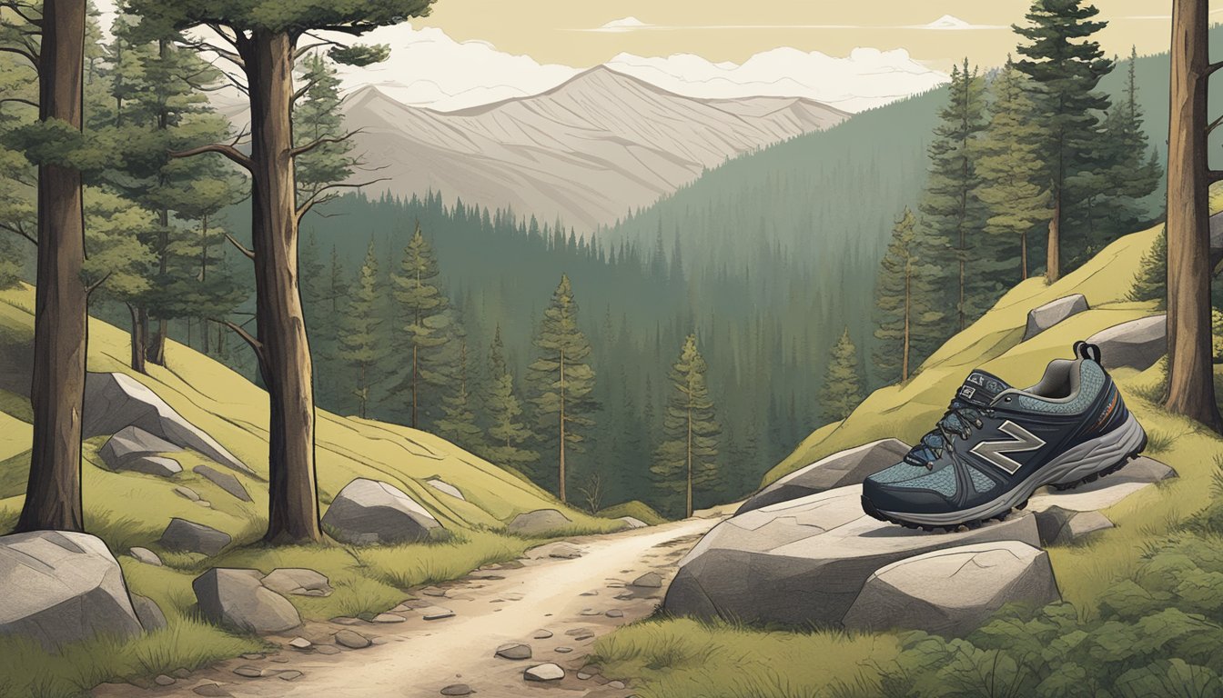 A trail with a disc golf basket in the distance, surrounded by trees and rugged terrain. The New Balance Men's 481 V3 shoe is prominently featured in the foreground
