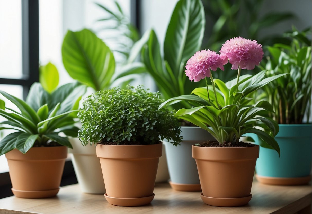 A variety of air-purifying houseplants are displayed in pots, with lush green leaves and colorful flowers, creating a healthy and vibrant atmosphere