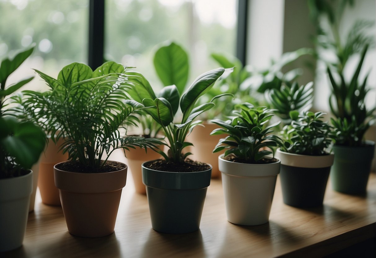 Lush green houseplants arranged in well-lit spaces, purifying the air