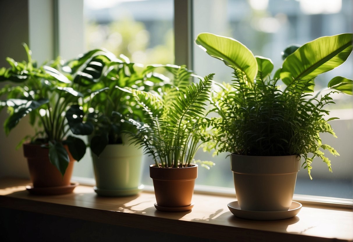 Lush green houseplants fill a sunlit room, purifying the air and creating a serene, inviting atmosphere. Their vibrant leaves and varied textures offer a visually appealing and psychologically calming environment