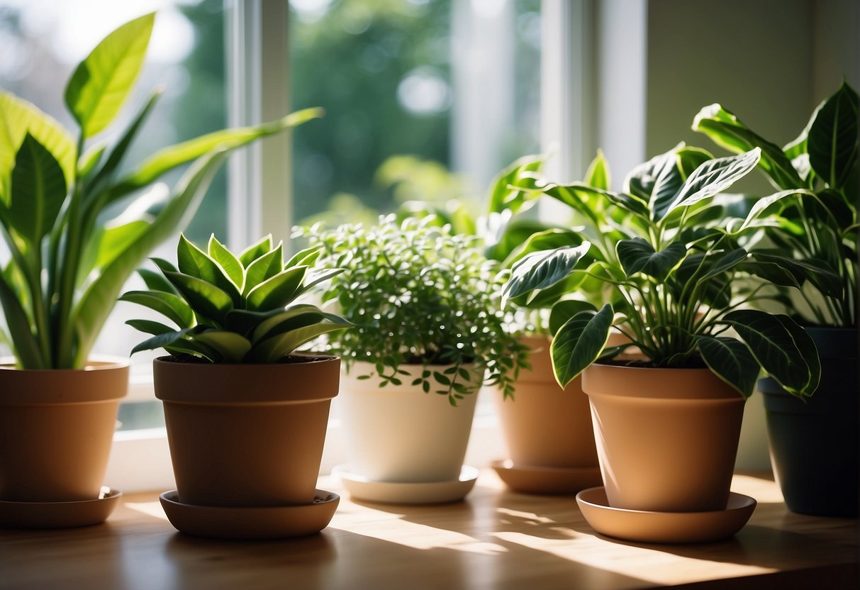 A variety of lush, green houseplants are arranged in a bright, airy room. Sunlight filters through the leaves, creating a calming and inviting atmosphere