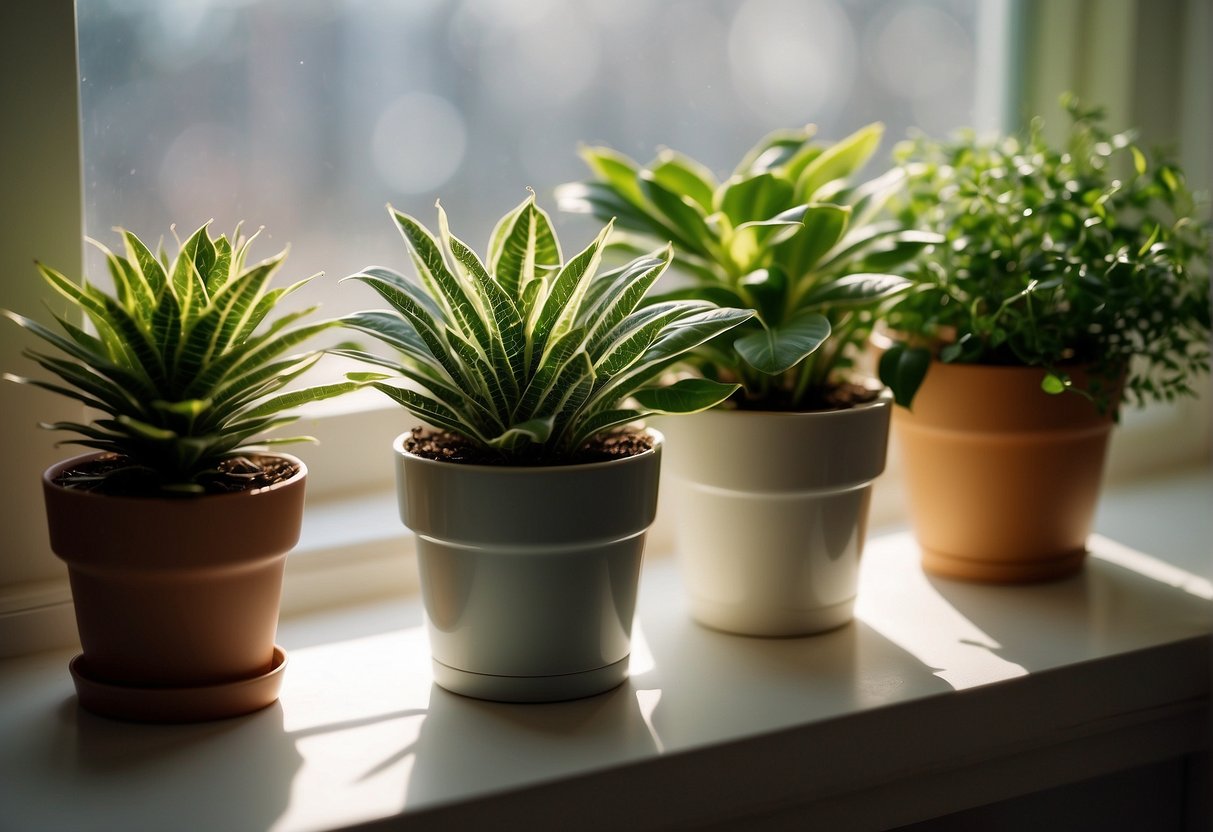 A variety of air-purifying houseplants arranged on a windowsill, with sunlight streaming in and clean, fresh air circulating around them