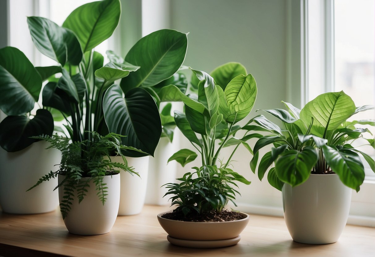 Lush green houseplants fill a bright, airy room, cleansing the air with their vibrant leaves. A variety of species are strategically placed, creating a natural and inviting atmosphere
