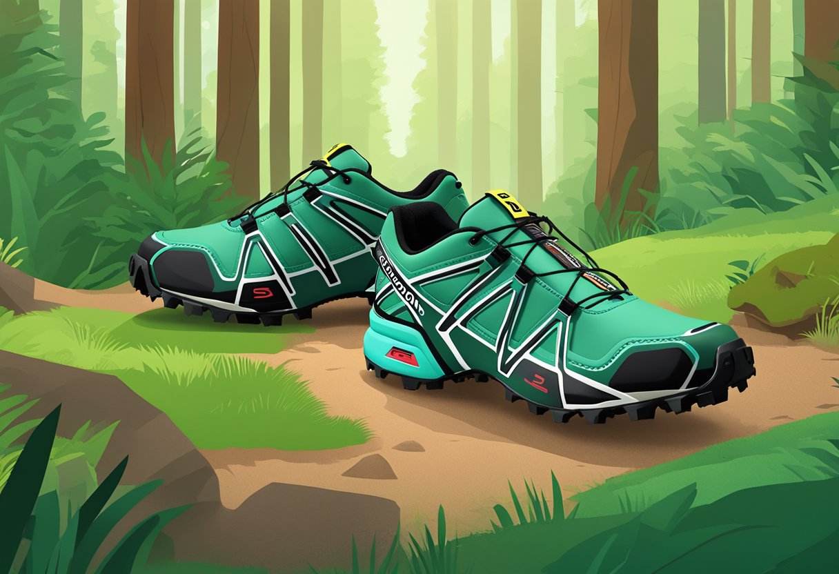 A pair of Salomon Speedcross 5 Trail Running Shoes sits on the ground next to a disc golf basket, surrounded by a lush green forest