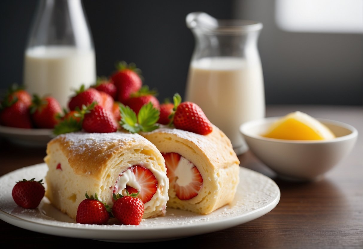 A table with ingredients for a Japanese strawberry roll cake: flour, eggs, sugar, strawberries, and whipped cream