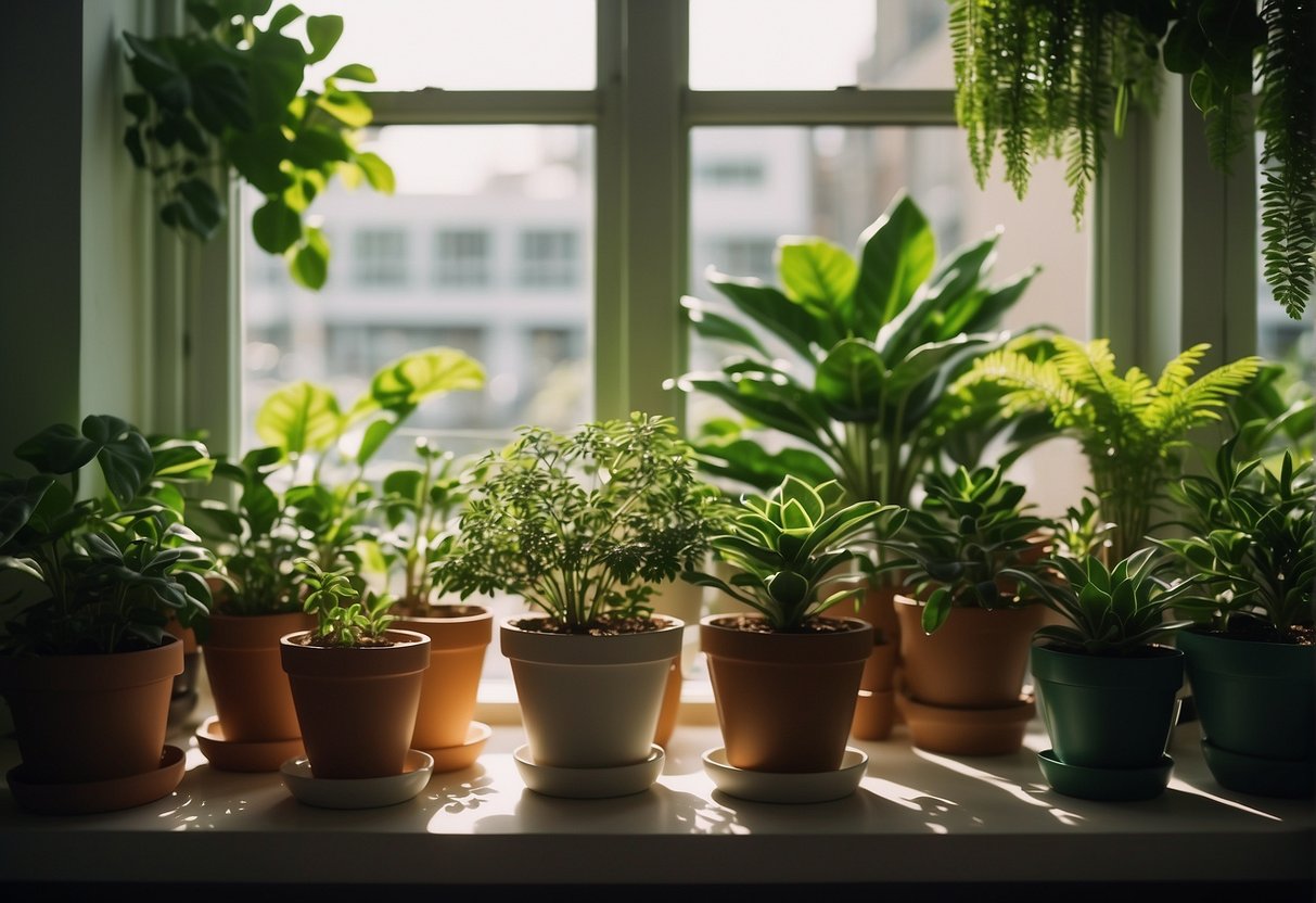Lush green houseplants sit on windowsills and tables, adding life to the indoor space. Sunlight streams through the windows, illuminating the vibrant leaves