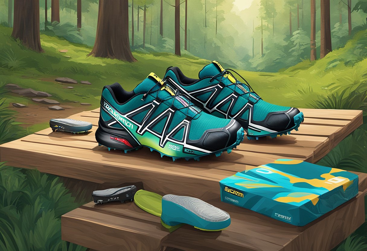 A pair of Salomon Speedcross 5 Trail Running Shoes placed next to a disc golf basket in a lush, wooded setting