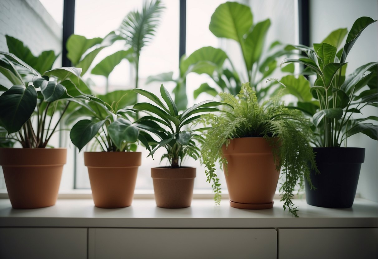 Lush houseplants arranged in a well-lit room with proper ventilation. A list of top air-purifying plants displayed nearby