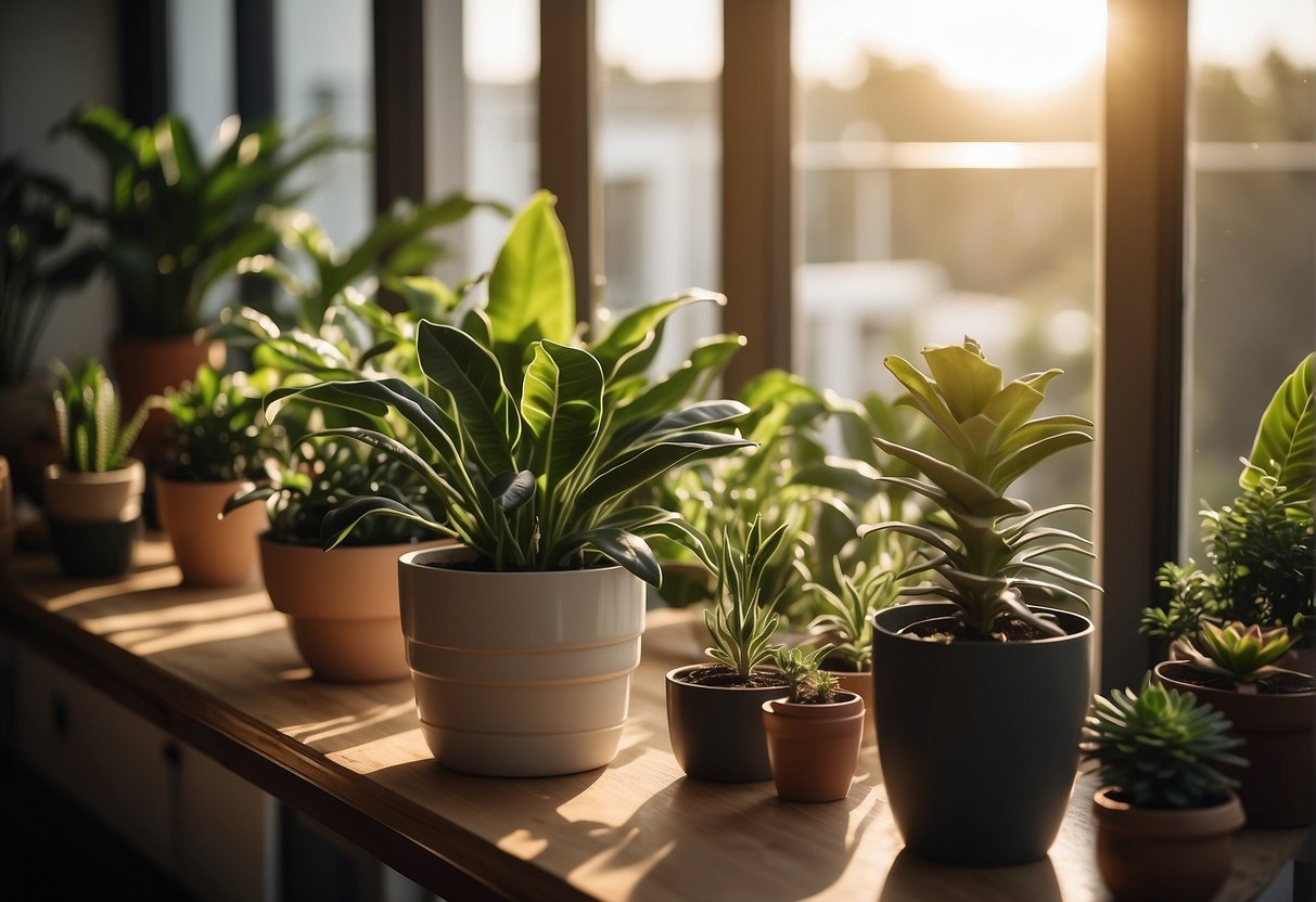 A variety of houseplants are placed strategically around a modern living room, with the sun streaming in through the windows, creating a fresh and inviting atmosphere