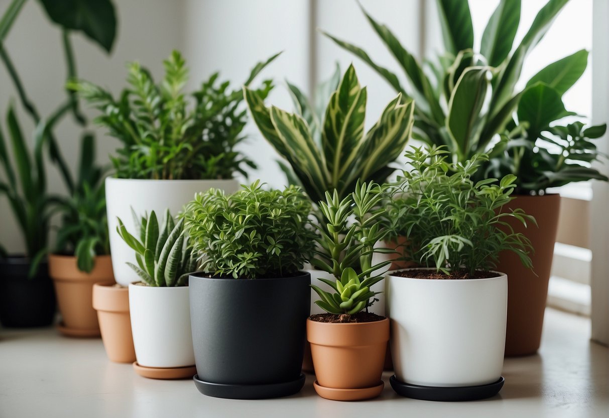 Lush green plants arranged in various pots, placed strategically around a modern, well-lit living space. The plants are thriving and adding a touch of natural beauty to the room
