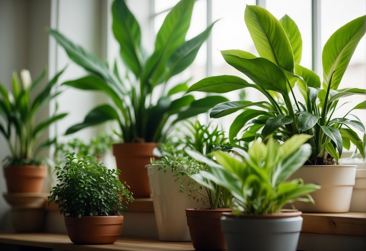 Lush green houseplants fill a bright, airy room, purifying the air. A variety of species, from snake plants to peace lilies, thrive in their pots