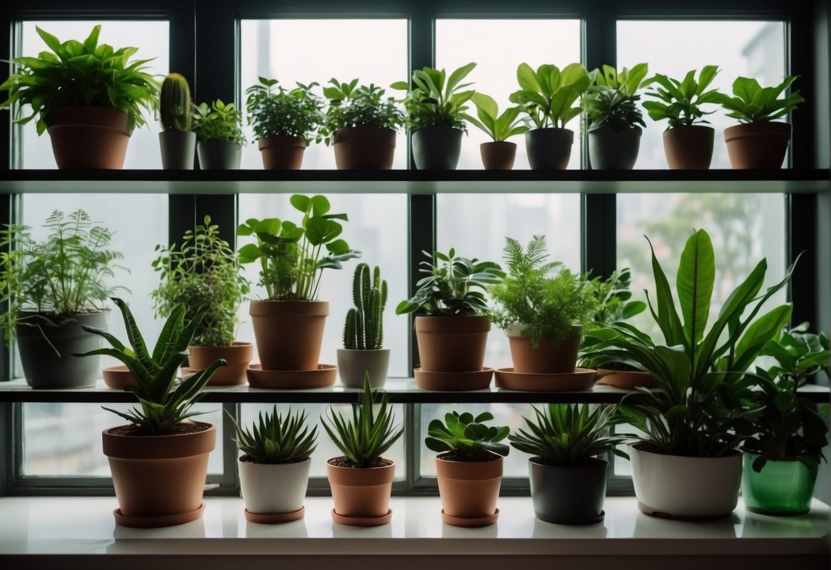 Lush green houseplants arranged on shelves, purifying the air in a well-lit room with large windows