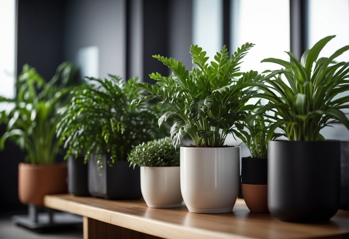 Lush green plants in pots, placed strategically around a modern living room, absorbing toxins from the air