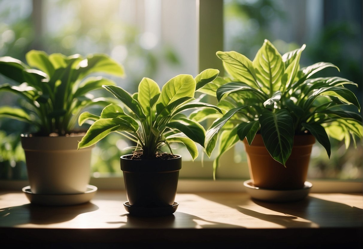 Lush green houseplants stand in a sunlit room, filtering toxins from the air with their vibrant leaves and purifying the indoor environment