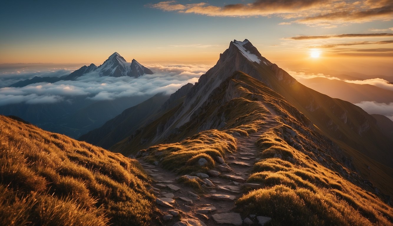 A mountain peak rises above the clouds, symbolizing strength and resilience. A path winds up the slope, leading to the summit. The scene is bathed in warm, golden light, evoking a sense of determination and growth