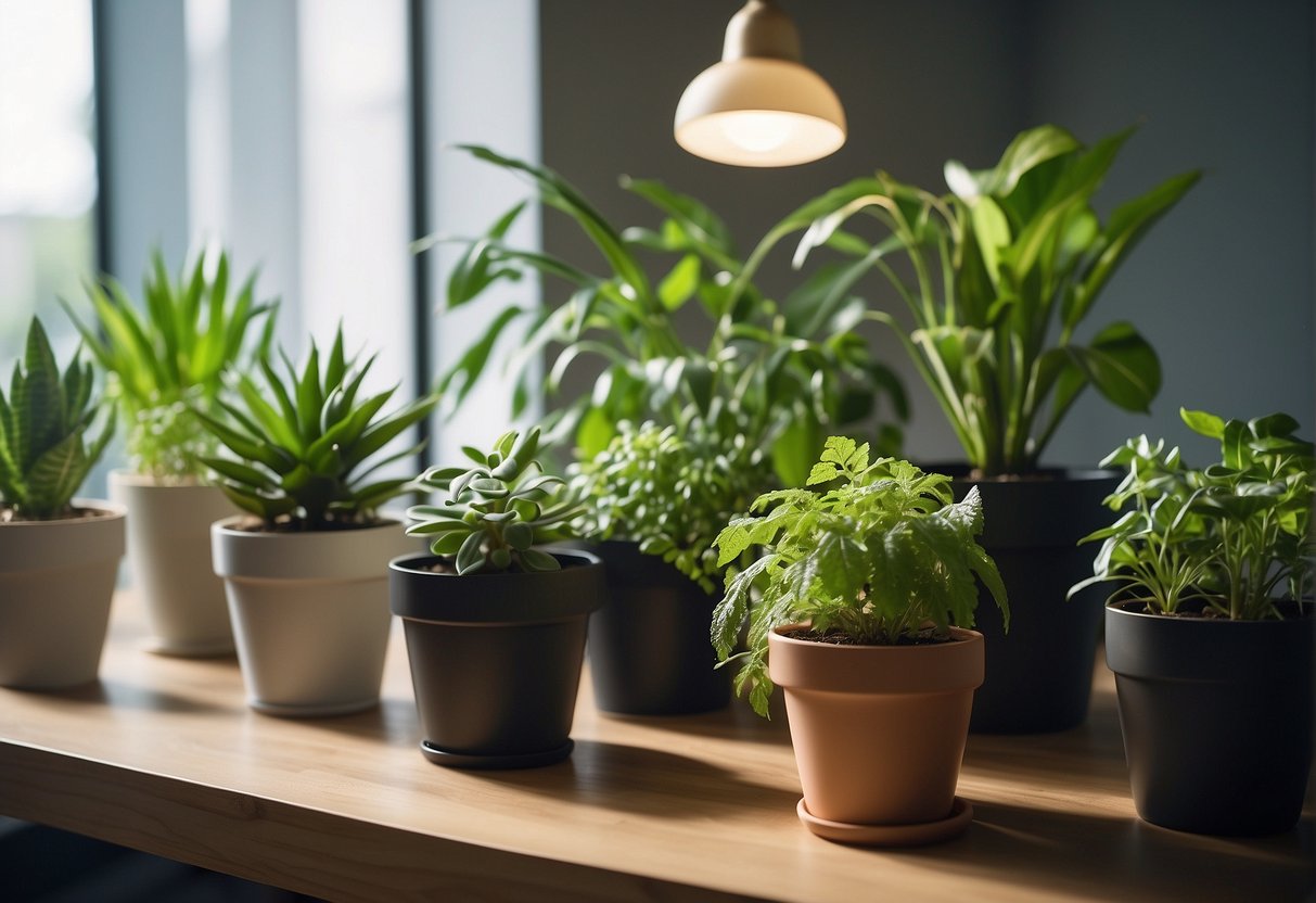 A variety of indoor plants are arranged in a well-lit room, with NASA's Clean Air Study report displayed in the background. The plants are labeled with their names and their ability to remove toxins from the air