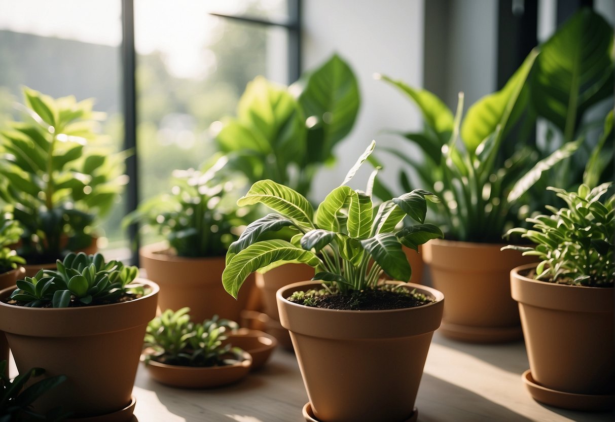 Lush green plants in pots, placed strategically around a modern, airy indoor space. Sunlight filters through the leaves, creating a calming and rejuvenating atmosphere