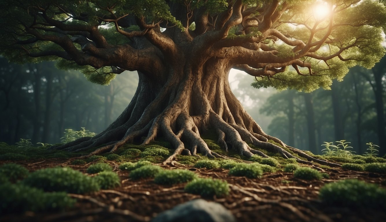 A towering tree with deep roots and sturdy branches symbolizing strength and resilience, surrounded by smaller plants representing growth and support