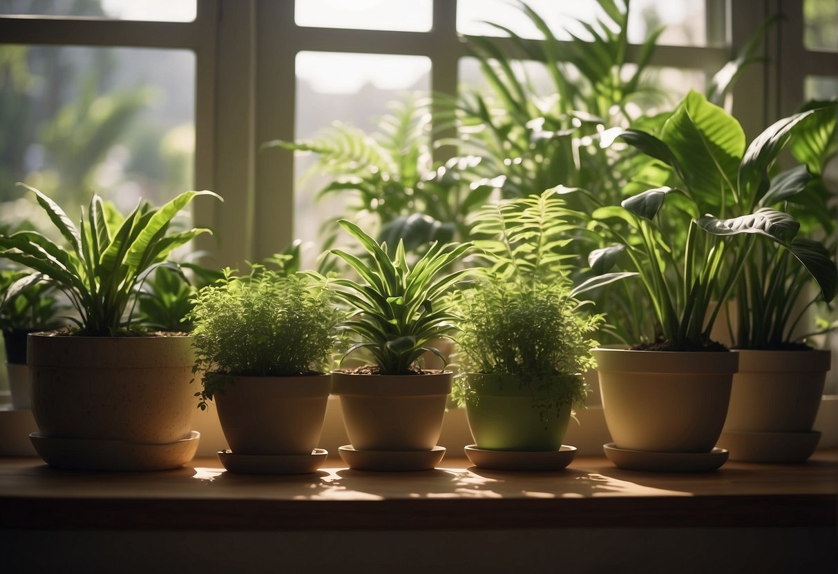 Lush green air-purifying plants sit in decorative pots, cleansing the indoor air. Sunlight filters through the window, casting a warm glow on the leaves