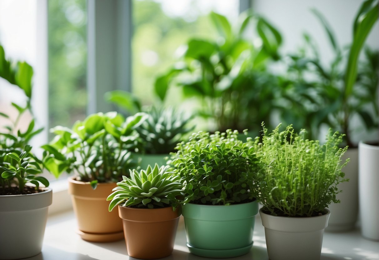 Green plants in a bright, airy room, absorbing toxins from the air. A variety of leaf shapes and sizes, potted in colorful containers