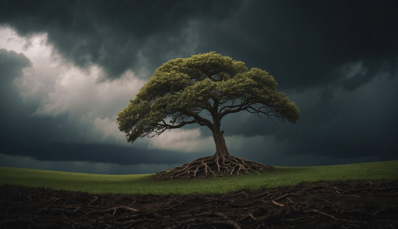 A lone tree stands tall amidst a storm, its roots firmly grounded as it withstands the fierce winds. The dark clouds part to reveal a glimmer of light, symbolizing resilience and strength in the face of adversity