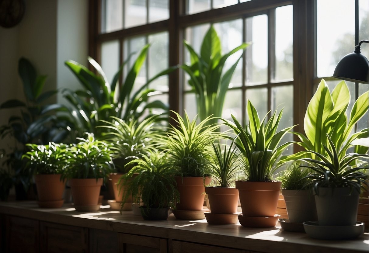 Lush green plants fill a sunlit room, positioned near windows and scattered throughout the space. A variety of potted plants, including spider plants, snake plants, and peace lilies, are strategically placed to purify the air