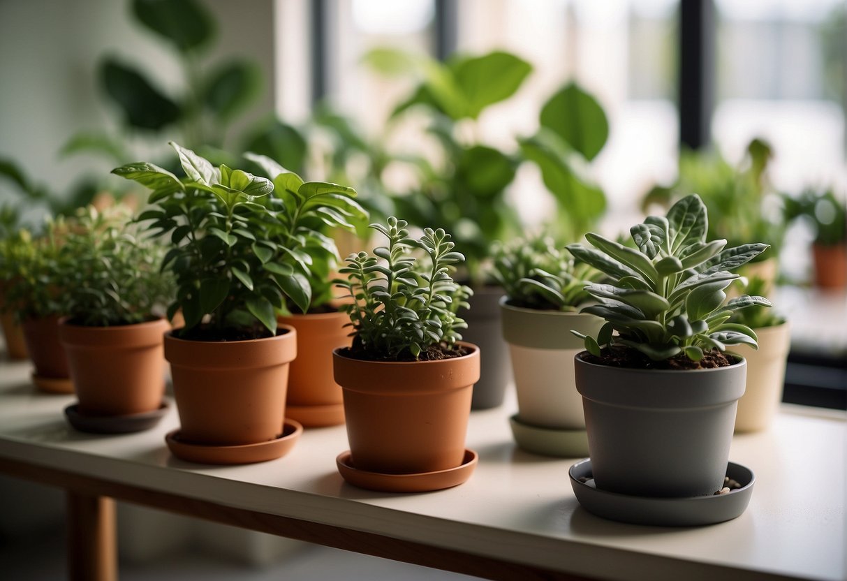 Various potted plants placed in a well-lit room, with labels indicating their air-purifying abilities. A variety of plant species are arranged on shelves and tables, creating a vibrant and natural atmosphere