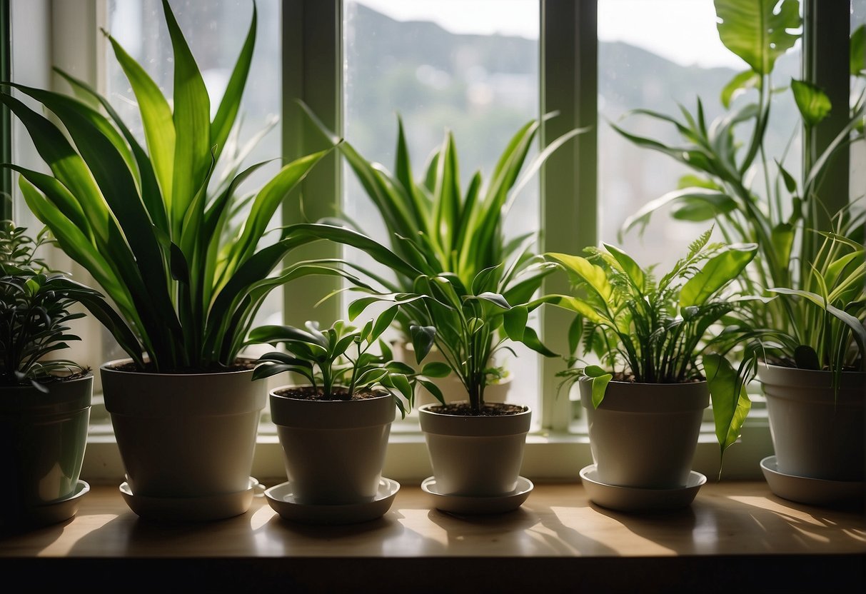 Lush green houseplants sit on a sunny windowsill, purifying the air with their vibrant leaves. A variety of plant species, from spider plants to peace lilies, create a natural air filter in the room