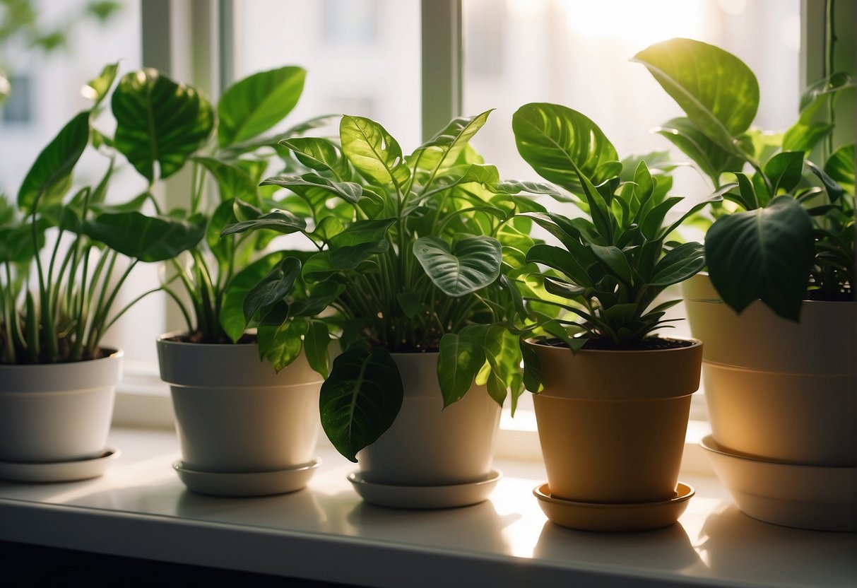 Lush green houseplants sit on windowsill, purifying air with their vibrant leaves. Sunlight streams in, casting a warm glow on the natural air filters