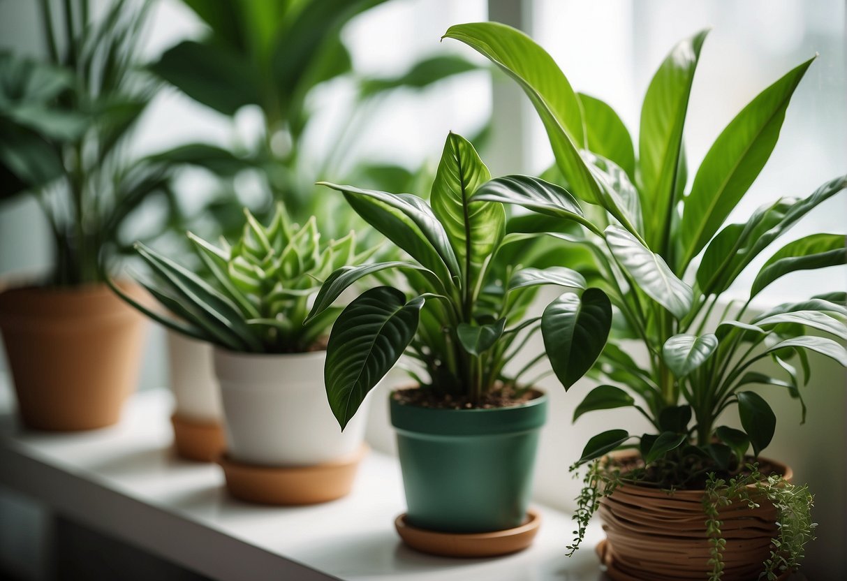 Lush green houseplants arranged in a bright, airy room. A variety of leaf shapes and sizes provide natural air purification