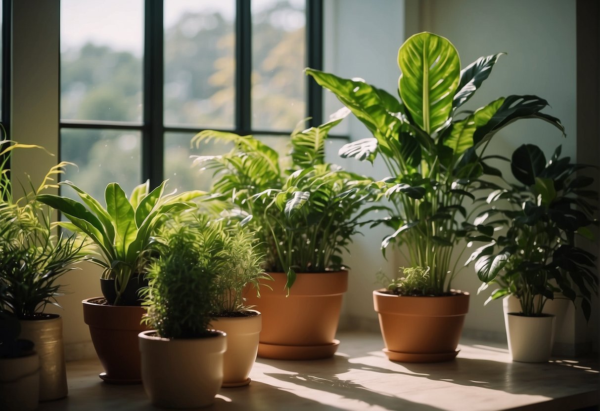 Lush green houseplants thrive in a sunlit room, purifying the air and contributing to the larger environmental balance