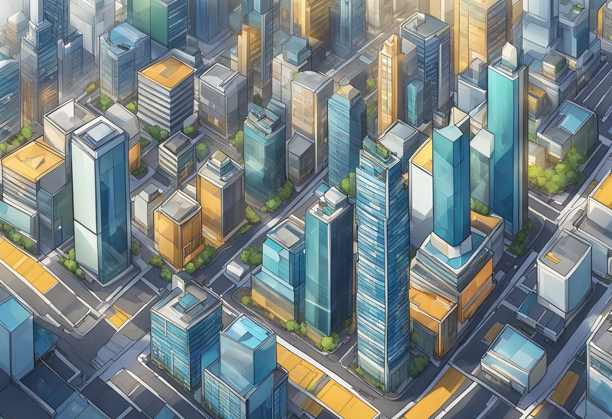 A modern city skyline with digital assets being tokenized and transferred across buildings and infrastructure